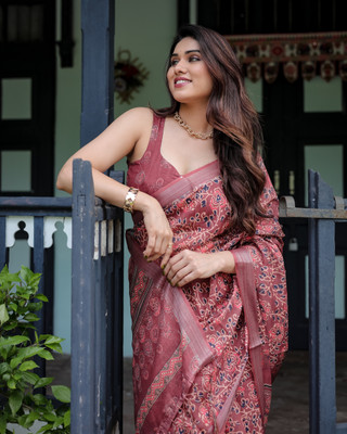 ALMAARI FASHION Digital Print Jamdani Cotton Linen Saree(Brown)