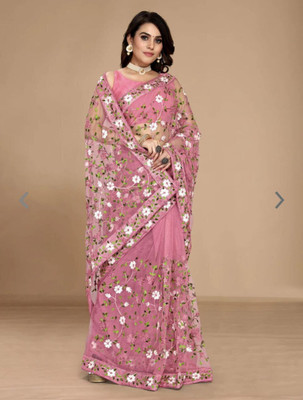 Verviza Embroidered, Self Design Bollywood Net Saree(Pink)