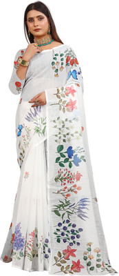 MAANVIT Printed Kanjivaram Pure Cotton, Cotton Linen Saree(White)