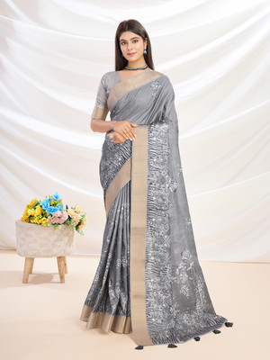 RekhaManiyar Printed Bollywood Silk Blend Saree(Grey)