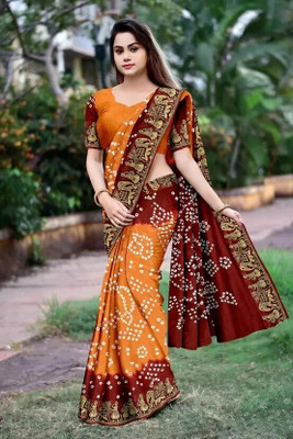 rajranitextiles Hand Painted Bandhani Georgette Saree(Red)
