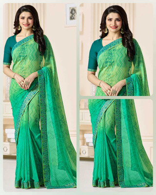 BLEESBURY Printed, Self Design, Digital Print, Embroidered, Floral Print, Solid/Plain Daily Wear Georgette, Chiffon Saree(Green)
