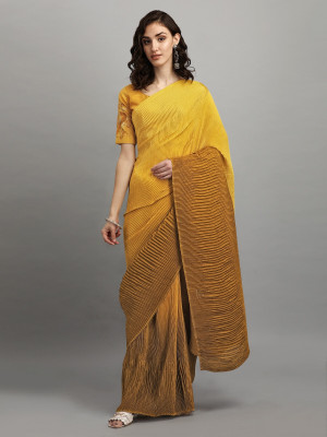 KAVINDI Solid/Plain Bollywood Silk Blend Saree(Yellow, Mustard)