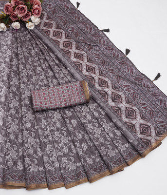 Pranamita Floral Print Bollywood Silk Blend Saree(Grey)
