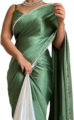 Nytra creation Solid/Plain Banarasi Satin Saree(Green, White)