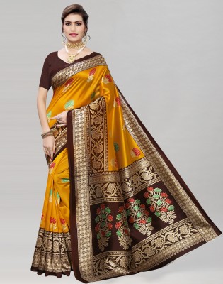 Samah Geometric Print, Printed, Self Design Kanjivaram Silk Blend, Art Silk Saree(Yellow, Brown)