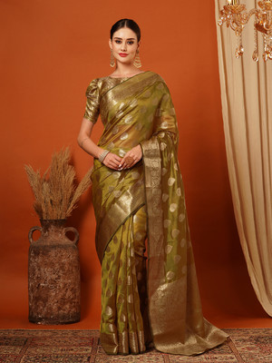 VILLAGIUS Embellished, Self Design, Woven Kanjivaram Organza, Silk Blend Saree(Mustard)