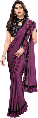 fem hub Solid/Plain Daily Wear Lycra Blend Saree(Purple)