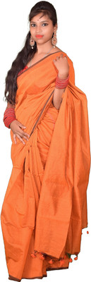 HouseOfCommon Solid/Plain Handloom Cotton Blend Saree(Orange)