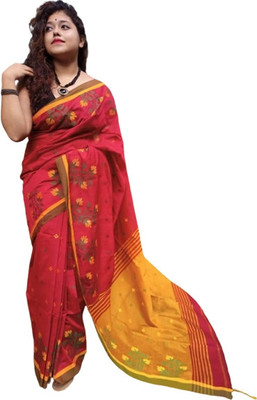 saree star Self Design, Solid/Plain Handloom Cotton Silk Saree(Red)
