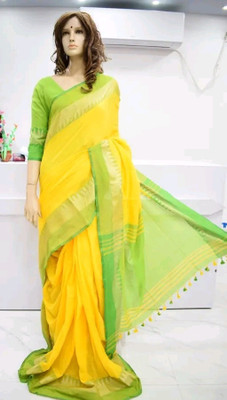 Biswas textile Temple Border Handloom Handloom Cotton Blend Saree(Light Blue)