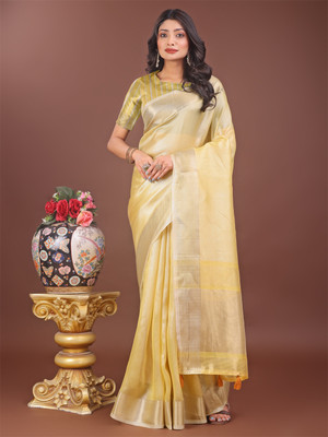 ASTITA Self Design Saree with Attached Blouse Organza Saree(Yellow)