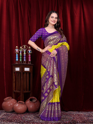 Kanooda Prints Printed Mysore Art Silk Saree(Purple, Yellow)