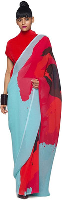 Moda Rapido Geometric Print Bollywood Georgette Saree(Light Blue, Red)
