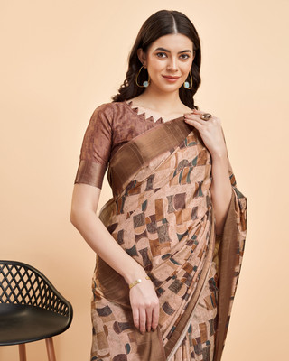 Divastri Digital Print Handloom Silk Blend Saree(Brown)