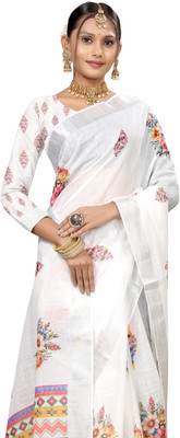 Gajal Printed Kanjivaram Pure Cotton, Cotton Linen Saree(White)