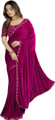 Julee Solid/Plain Bollywood Velvet Saree(Purple)