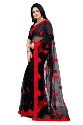 DEVKISONDESIGNER Embroidered Bollywood Net Saree(Red, Black)