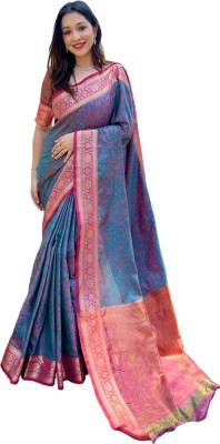 Elite Weaves Woven Banarasi Silk Blend Saree(Blue)