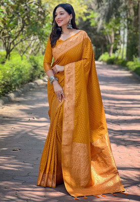 all about you Woven Banarasi Silk Blend Saree(Mustard)