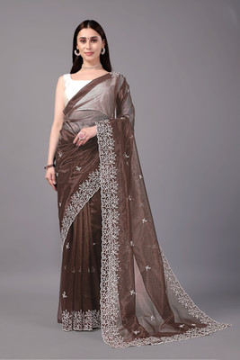 SROLY Embroidered Bollywood Net Saree(Brown)