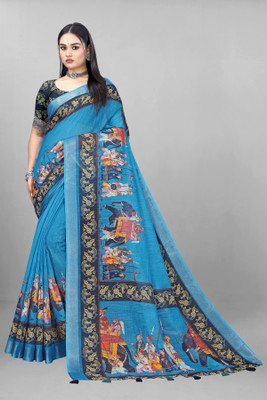 KALPNA CREATION Digital Print Bollywood Cotton Linen Saree(Dark Blue)