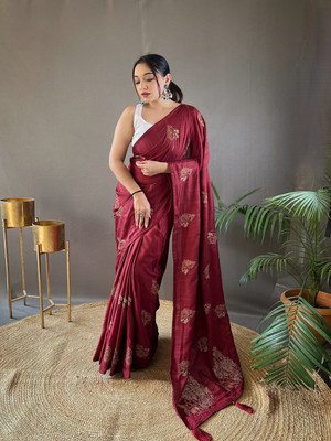 SGF11 Embroidered Handloom Silk Blend Saree(Maroon)