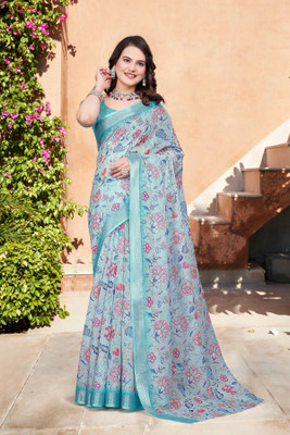 PHEASANT Digital Print Bollywood Cotton Linen Saree(Grey, Light Blue)