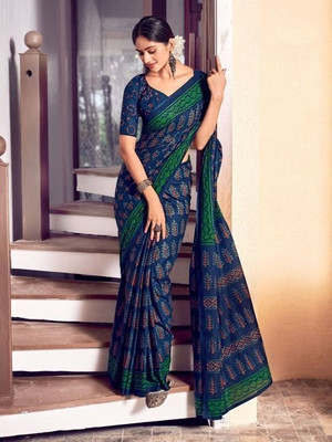 Soor Panchi Printed Bollywood Cotton Linen Saree(Multicolor)