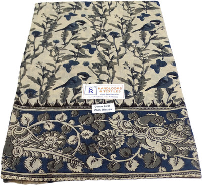 SR Handlooms And Textiles Printed Kalamkari Handloom Cotton Blend Saree(Blue)