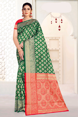 Radharani fusion Woven Paithani Cotton Silk Saree(Green, Red)