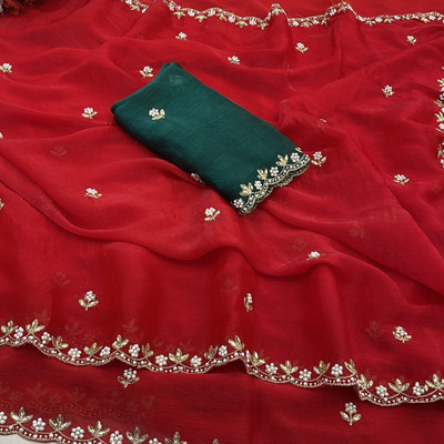 Ethina Fashion Embellished Bollywood Jimmy choo Saree(Red, Green)