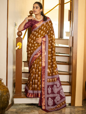 Anouk Rustic Printed Daily Wear Cotton Blend Saree(Brown)