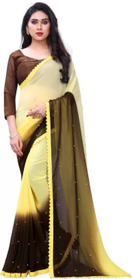 WOM BAB Solid/Plain, Embellished, Self Design Bollywood Georgette Saree(Yellow)