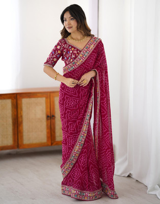 Satrani Printed, Embellished, Embroidered Bandhani Georgette Saree(Magenta)