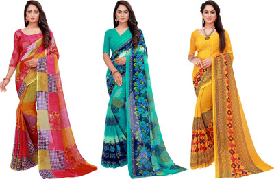Suali Printed Bollywood Georgette Saree(Pack of 3, Green, Yellow)