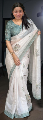 Myraani Floral Print Kantha Cotton Linen Saree(Green)