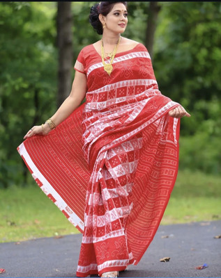 kalyani nx Printed Sambalpuri Pure Cotton Saree(White)