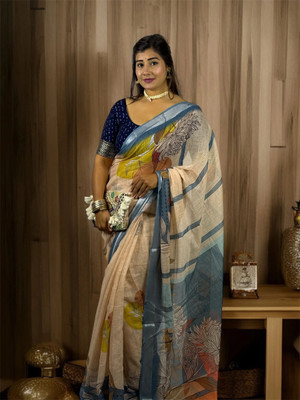 Rachna Printed Daily Wear Linen Saree(Orange)