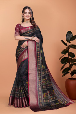 UDANI ENTERPRISE Printed Kanjivaram Art Silk Saree(Black)