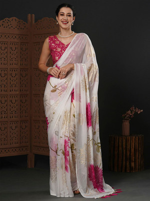 ANOUK Printed Banarasi Georgette Saree(White)