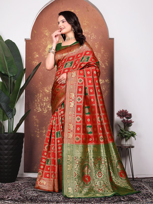 maayro Embellished Banarasi Silk Blend Saree(Red)