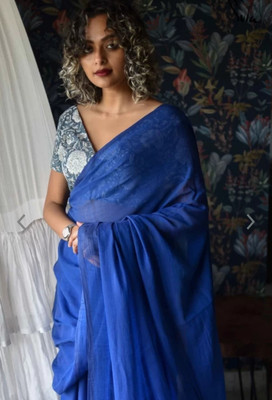 ratnadip Solid/Plain Handloom Cotton Blend Saree(Light Blue)