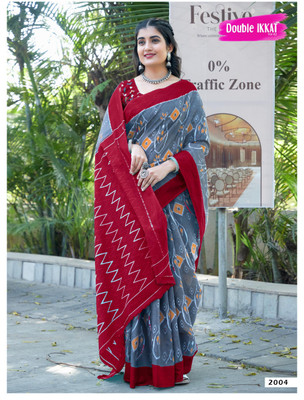 JASU CREATION Printed Ikkat Pure Cotton Saree(Grey)