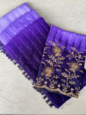 CHIVYA CREATION Embroidered, Embellished, Striped, Printed, Floral Print Daily Wear Chiffon Saree(Light Blue)