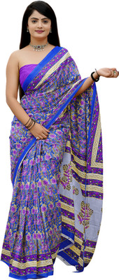HMP Fashion Printed Ikkat Cotton Blend Saree(Blue)