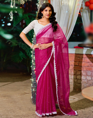 SIRIL Dyed, Embellished, Self Design Bollywood Net Saree(Pink)