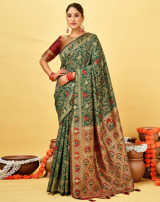 SIRIL Printed Banarasi Silk Blend Saree(Dark Green)