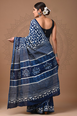 Taavi Printed Daily Wear Pure Cotton Saree(Blue)