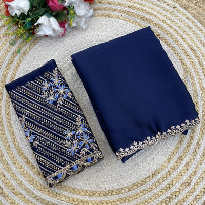 saanvi Solid/Plain, Self Design Bollywood Silk Blend Saree(Dark Blue)